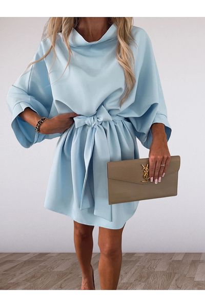UniqueStore.ro Short blue oversized dress with wide sleeves and drawstring at the waist - L/XL
