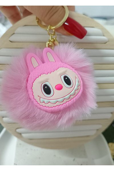 mos&more Pink Labubu Pompom Bag Ornament Accessory Keychain, Car Ornament, Bag Charm