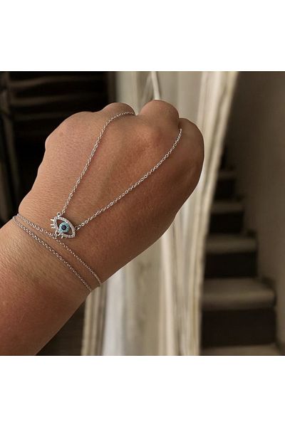 ALS Tasarım Dünyası Women's Silver Color Chain with Zircon Stone Eye Detail in the Middle Steel Shahmeran