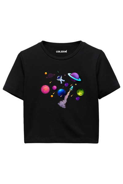 Colermi Black Women's Crop Tshirt - Space Astronaut Printed Design 100% Cotto...