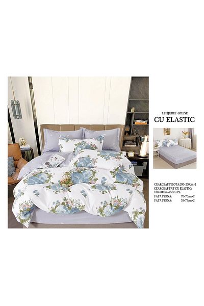 CHIRASO FINE Cotton Bedding Set, ELASTIC Sheet 180x200+25cm, Duvet Cover 200x230cm 4 Pillowcases