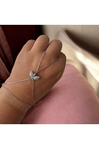 ALS Tasarım Dünyası Women's Silver Color Chain with Zircon Stone Butterfly Detail in the Middle Steel Shahmeran