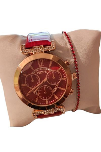 OEM Set Casual Ladies Watch with Included Bracelet, Analog Display, Quartz Mechanism, Glossy Faux Leathe