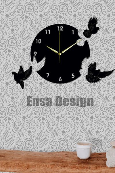 Ensa Design Güvercin kuşlu ahşap duvar saati, Güvercin modelli saat 40cm