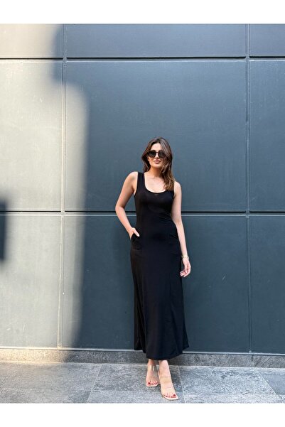 Butik Yazlık düz atlet yaka uzun askılı zarif midiboy kadın elbisesi