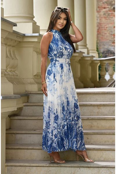 UniqueStore.ro Long pleated white-blue dress with floral print - Unique