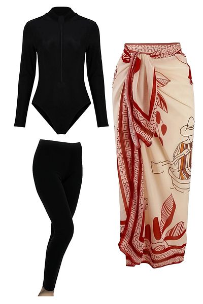 CUPSEA Black Long Sleeve Bodysuit Swimsuit Lycra Long Tights French Inspired Red Pareo Set of 3 Hijab