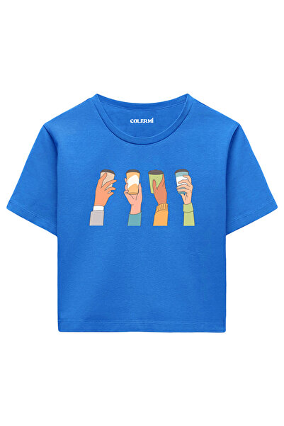 Colermi تيشيرت نسائي قصير باللون الأزرق - تصميم مطبوع على شكل كوب قهوة، نسيج ...