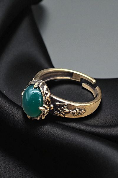 NBS Beautiful Naturel Stones Pure Copper Ring Adjustable Agate Green (Evil Eye Protection) (Gift, Daily, Special Occasions)
