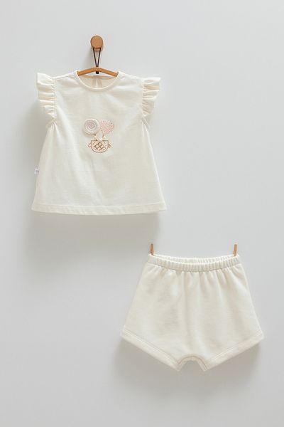 Caramell طقم شورت بأكمام قصيرة للفتيات الصغيرات من SummerWear - كريمي