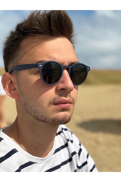 Ferrucci Brand Model Men's Sunglasses with Black Glass with Navy Blue Matte Round Frame