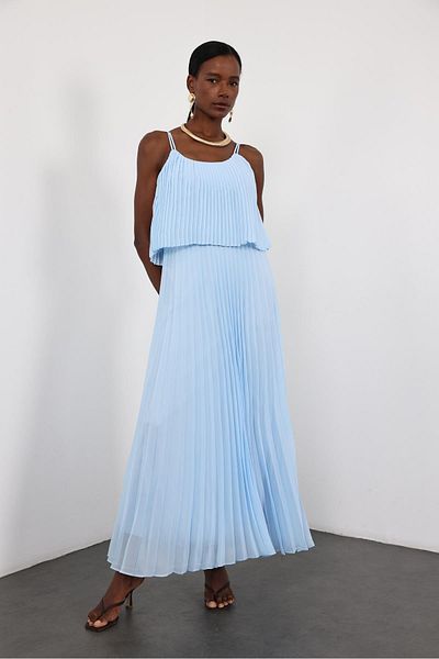 5in1Canpolat Baby Blue Πλισέ Φόρεμα σιφόν 00778