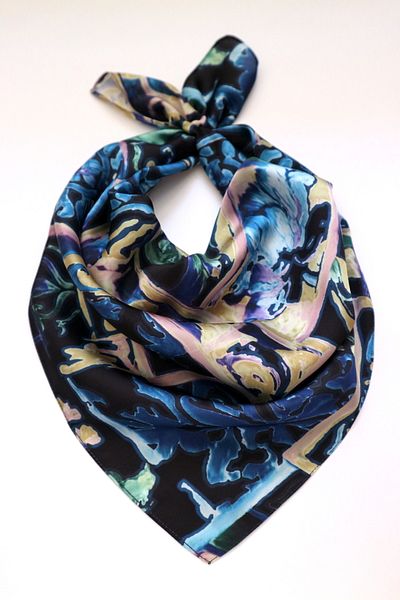 THE MOON Rumi Tile Patterned Navy Blue Satin Scarf