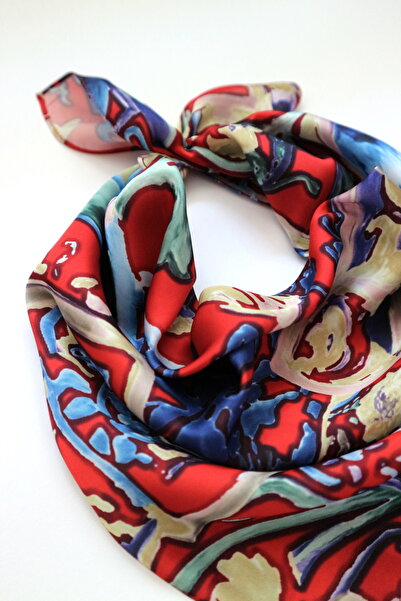 THE MOON Rumi Tile Patterned Red Satin Scarf