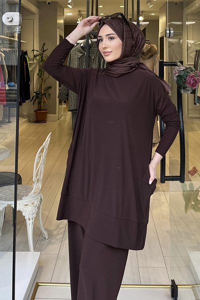 Afili Women's Brown Side Pocketed Pants Sandy Suit with Elastic Waist
