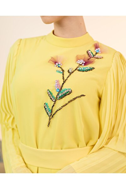 YAFA CLOTHING & ACCESSORIES El İşlemeli Şifon Elbise New Sarı