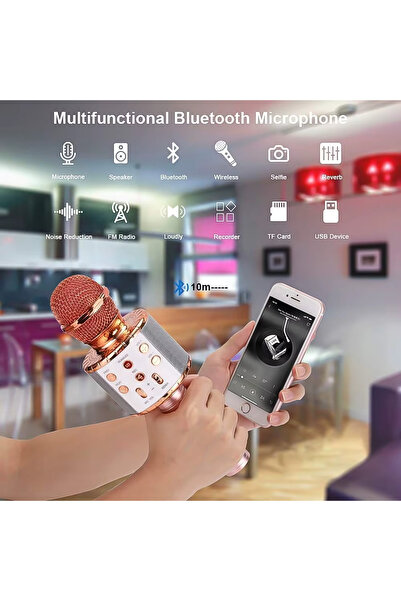 GÜMÜŞTEKNO Bluetooth Kablosuz Karaoke Mikrofon Çocuklar İçin Taşınabilir Hoparlörlü Mikrofon Oyuncağı Şarjlı