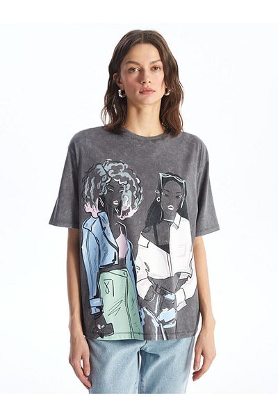 LC Waikiki Tricou supradimensionat pentru femei, cu mânecă scurtă, cu imprimeu cu gât crew (S4)