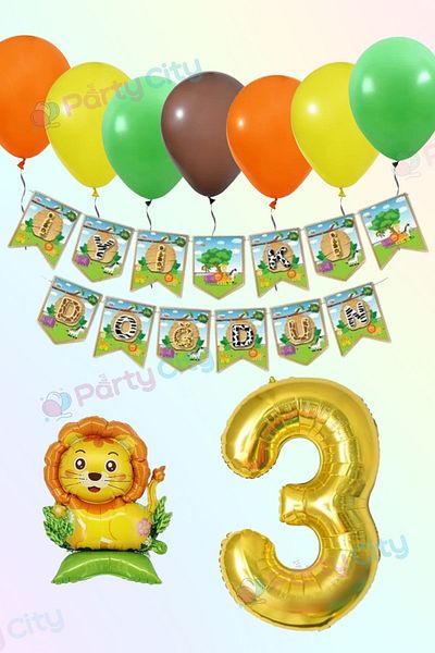 Party City Safari Themed 3 Year Old Birthday Party Decoration Set |   Balloon Banner Lion Foil Number 100cm