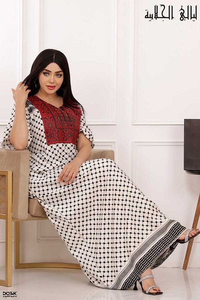 Lyaly aljlabyh Modern women's jalabiya with a traditional design featuring a keffiyeh motif and luxurious red embroidery on the chest, ideal for occasions and receptions.
