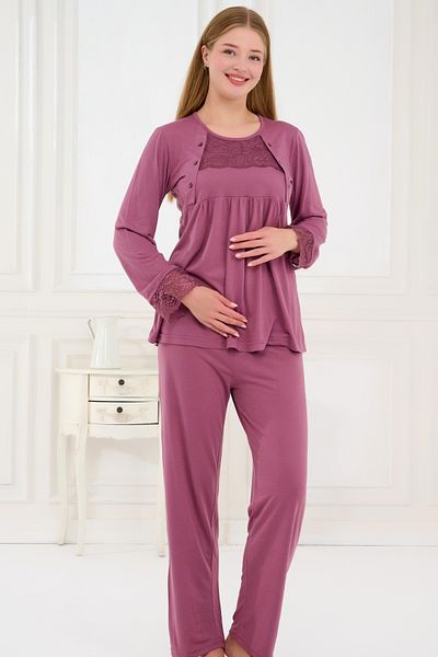 Emose 3-Piece Maternity Pajama Set with Lace and Morning Dress