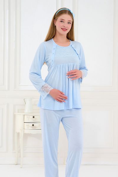 Emose Set de pijamale de maternitate pentru 3 piese cu rochie de dantelă