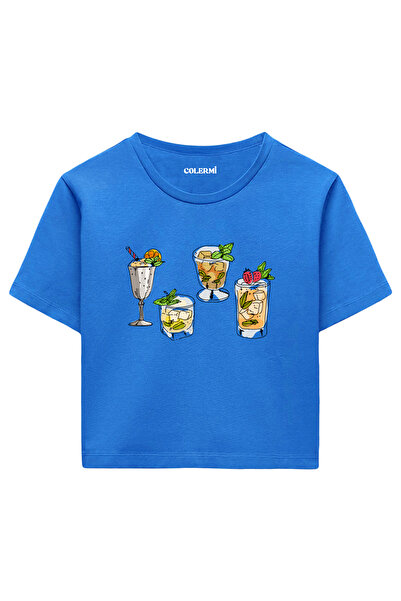 Colermi تيشيرت نسائي قصير باللون الأزرق - تصميم مطبوع على شكل كوب كوكتيل، نسي...