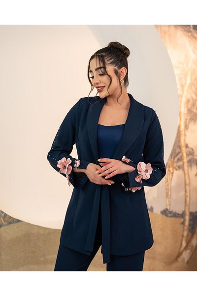 YAFA CLOTHING & ACCESSORIES Jacket Trousers Double Suit with Rose Sleeves Navy Blue