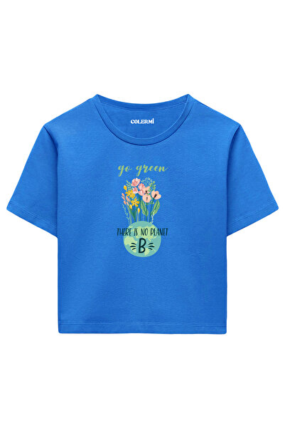Colermi تيشيرت نسائي قصير باللون الأزرق - تصميم مطبوع عليه زهور Go Green، نسي...