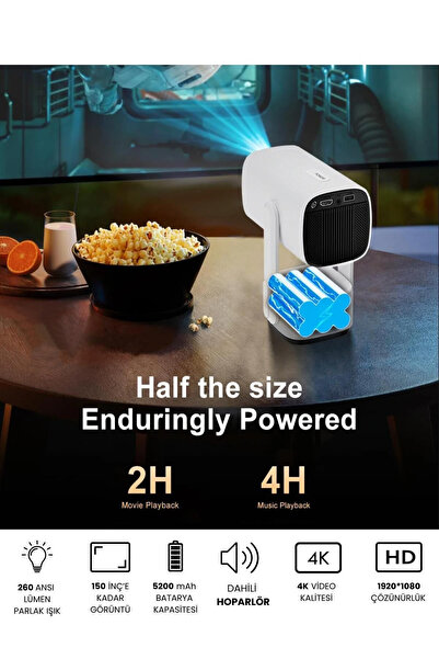 HALL BREATHE Taşınabilir 4K Full HD Projektör, Dahili Hoparlör, PS5 ve XBox B...
