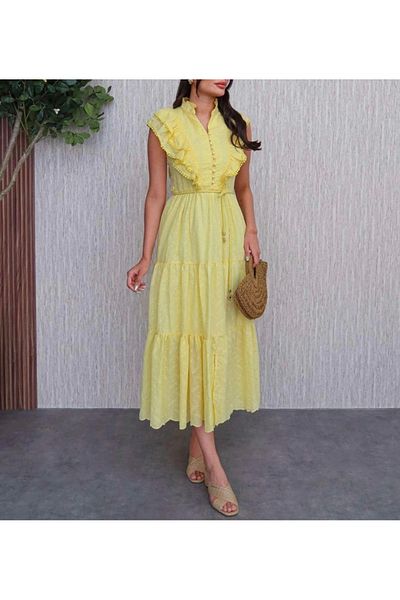 Afiş Butik Yellow Scallop Ruffle Floral Embroidered Dress