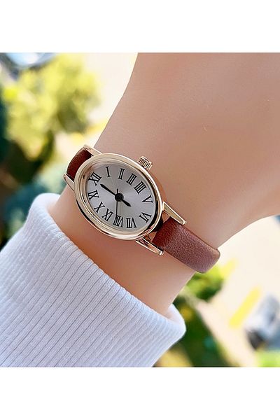 Weluxa Minimal Retro Women's Wristwatch with Roman Numeral Tan Leather Band in Gold Color