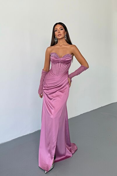 İyem Abiye Şık Saten Gögüs Taşlı Ve Kollu Dantel Transparanlı Şık Abiye Elbis...