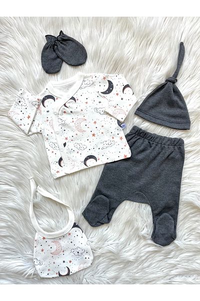 Linda Harris Moon Star Pattern Anthracite 5-Piece Newborn Baby Hospital Release Set