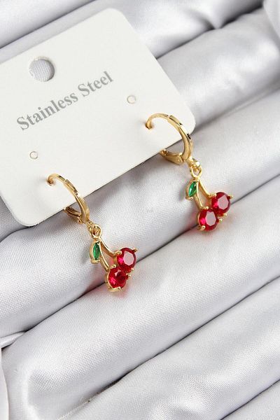 REBORN DESIGN 316L Steel Zircon Stone Cherry Model Gold Color Women's Earrings