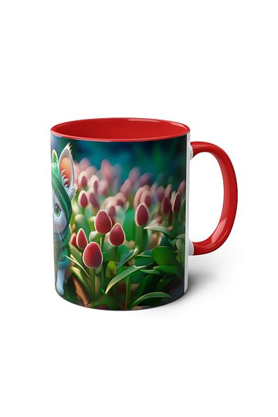 DUBLEMETRE Cute Cat Patterned Printed Mug with Green Eyes