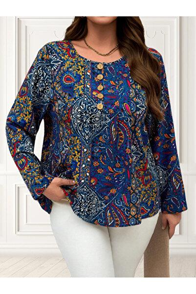 UniqueStore.ro Navy blue plus size shirt with multicolor print