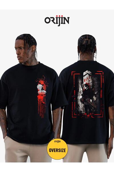 donamod Tricou negru oversize unisex cu imprimeu pe față și pe spate Attack O...