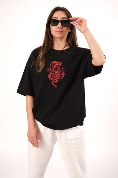 donamod Tricou negru oversize cu imprimeu dragon