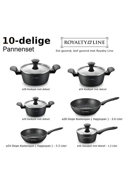 Royalty Line Set oale si tigai Royalty Line RL-FD10, 10 piese, interior marmorat, capace sticla, negru, compatibi
