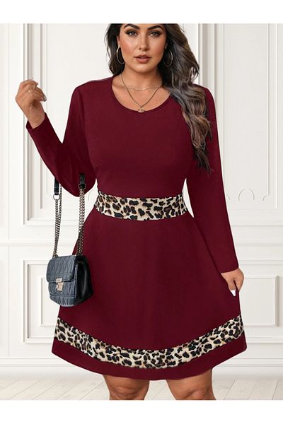 UniqueStore.ro Plus Size Burgundy Dress With Animal Print Details