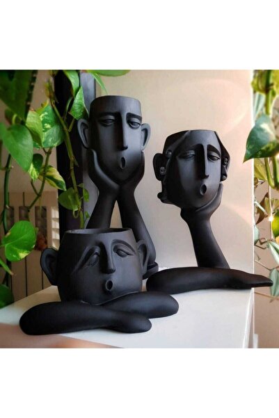 GİZEM Soyut Yüz Biblo Ve Saksı 3'lü Set-siyah