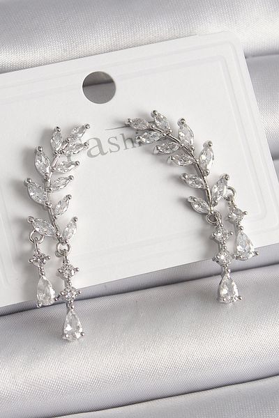 ALFA AKSESUAR 03 Brass Silver Color Zircon Stone Spike Model Women's Earrings - Tj-Bkp9906