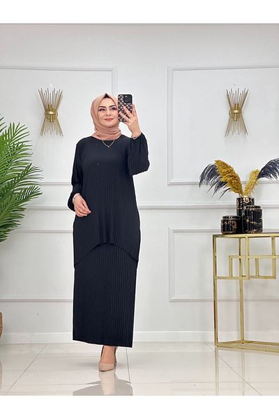 Afili Women's Hijab Skirt Suit – Asymmetrical Top Pleated Modern Design
