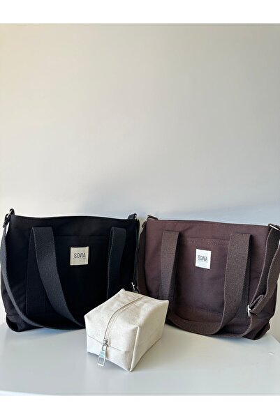 Sowa Collection 3lü Set Çıt Çıtlı Astarlı Kanvas Kadın El ve Omuz Çantası Makyaj Çantası