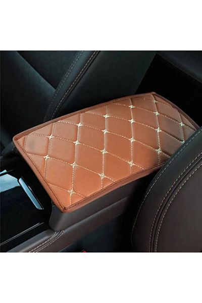DELUXETUNING Universal leather car armrest cover 29 cm x 17 cm brown with beige stitching