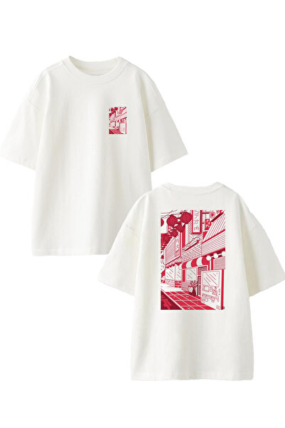 donamod تي شيرت أبيض كبير الحجم من القطن الياباني للجنسين مطبوع من الأمام والخلف