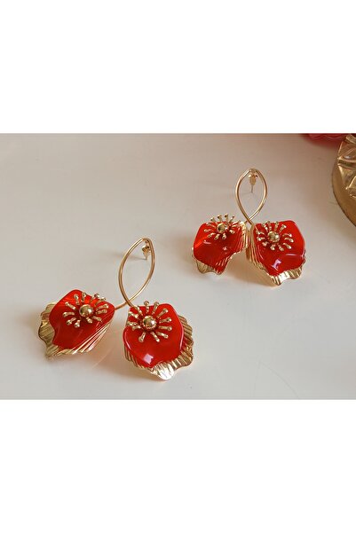 Pirinç Altın Kaplama Kırmızı Çiçekli Küpe