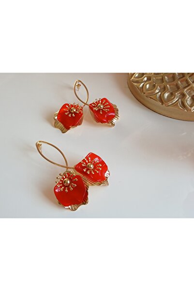 Pirinç Altın Kaplama Kırmızı Çiçekli Küpe