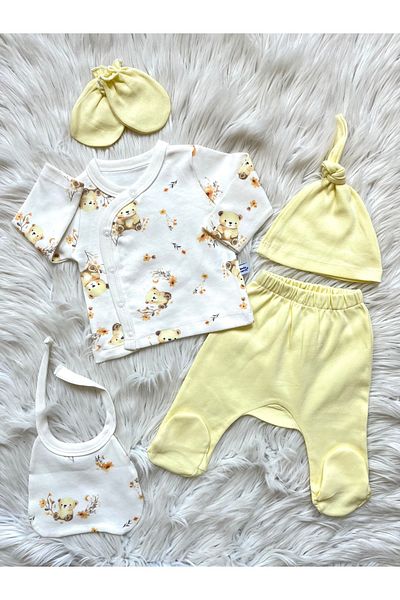 Linda Harris Cute Bear Pattern Light Yellow 5-Piece Newborn Baby Hospital Release Set